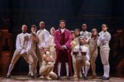 Bryson Bruce, center, is pictured with cast members from a national tour of the hit Broadway show “Hamilton: An American Musical” where he plays the roles of Marquis de Lafayette and Thomas Jefferson.  Photo credit: Joan Marcus